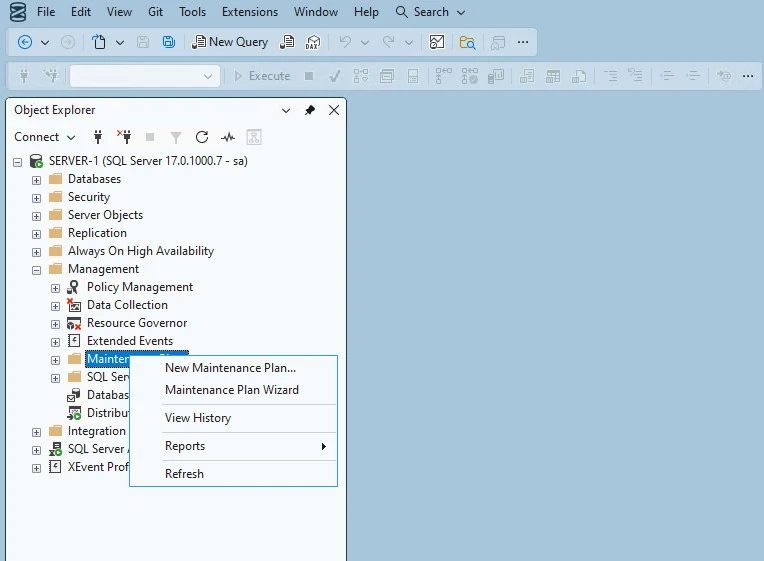 Контекстное всплывающего подменю меню Maintenance Plans (Планы обслуживания)" SSMS
