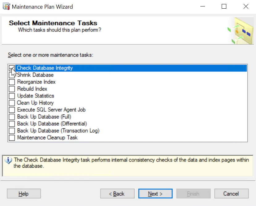 Окно выбора действий для плана обслуживания SSMS