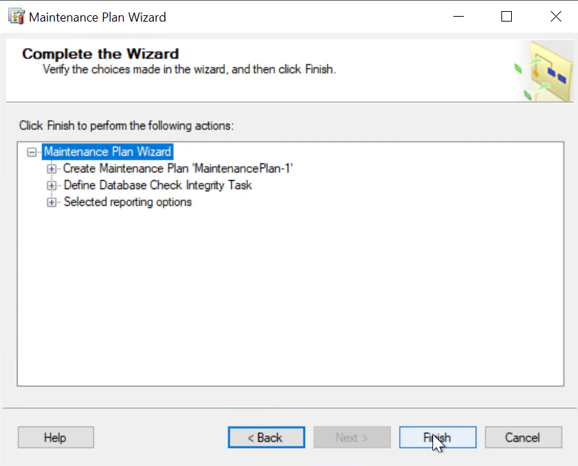 Завершающее окно процесса создания плана обслуживания SSMS при помощи мастера