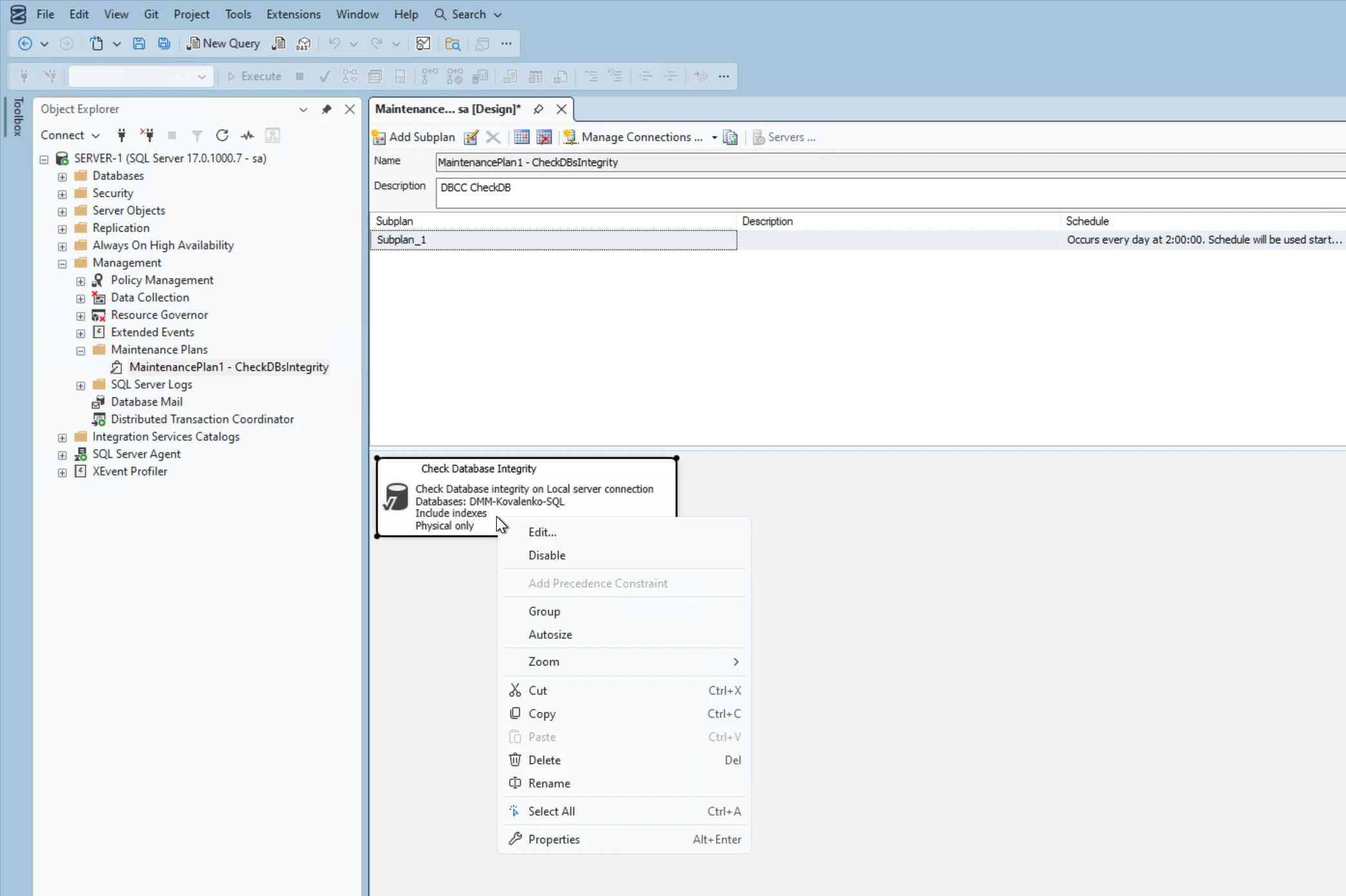 Результат создания плана обслуживания в SSMS