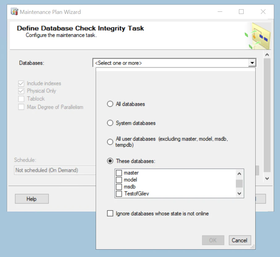 Окно выбора баз данных, к которым будет применяться данный план обслуживания