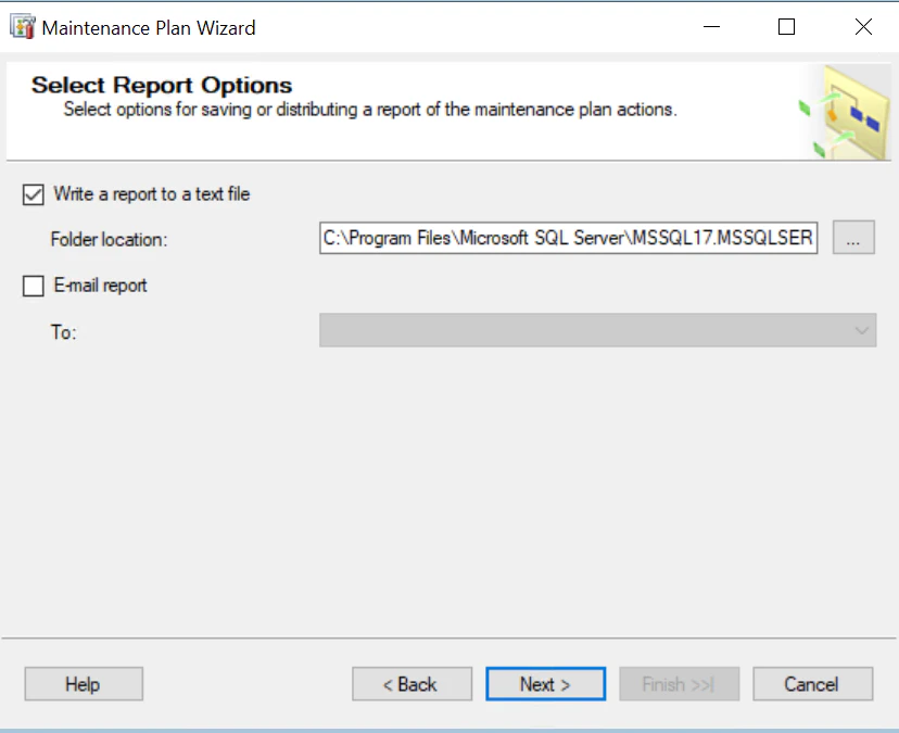 Окно выбора места в файловой системе, куда будут писаться отчёты о работе плана обслуживания
