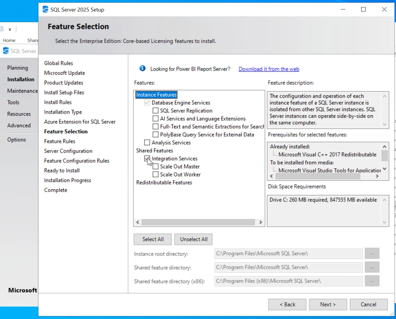 Обязательно выбираем опцию для установки SQL Server Intergation Services
