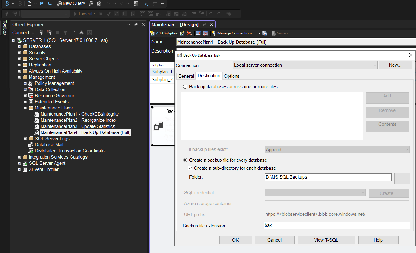 Важные опции процесса создания плана полного резервного копирования SSMS