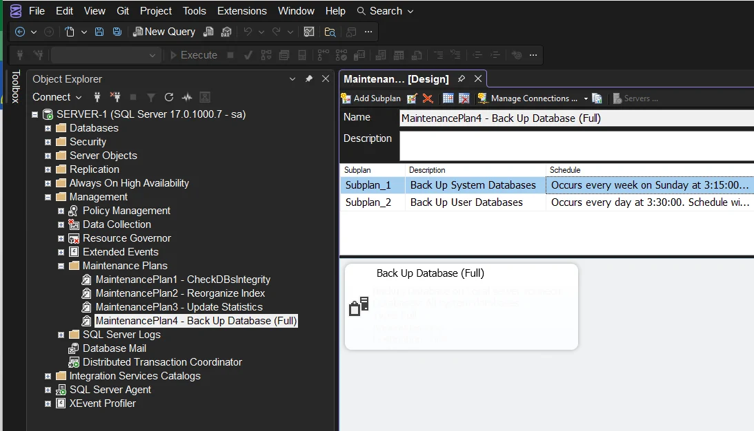 Комплексный план обслуживания, создающий полные резервные копии, как системных, так и пользовательских баз данных MS SQL Server