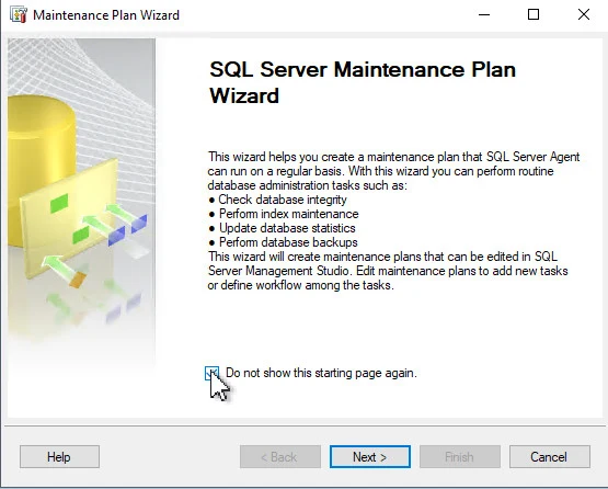 Окно приветствия мастера создания планов обслуживания SSMS