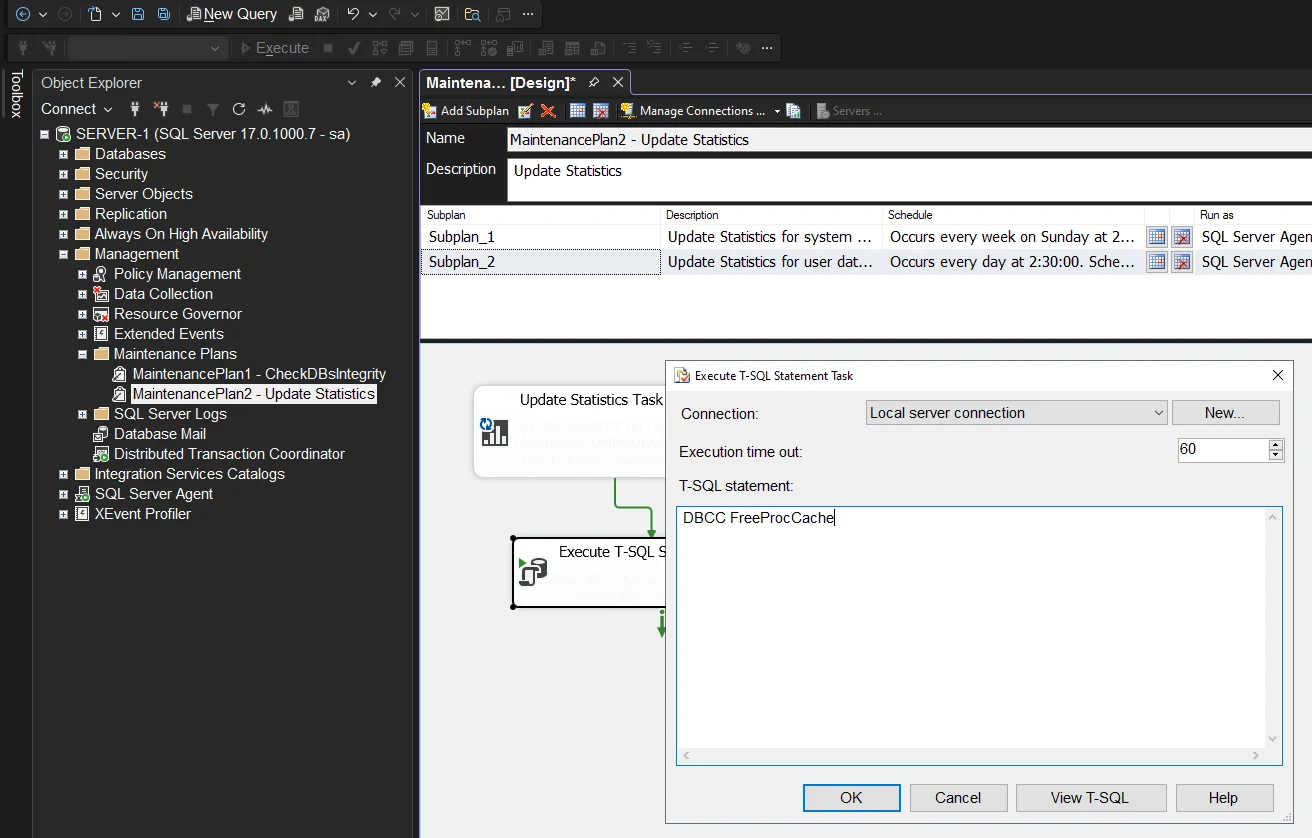 Комплексный план обслуживания, состоящий из двух вложенных планов, с последующим выполнением команды T-SQL