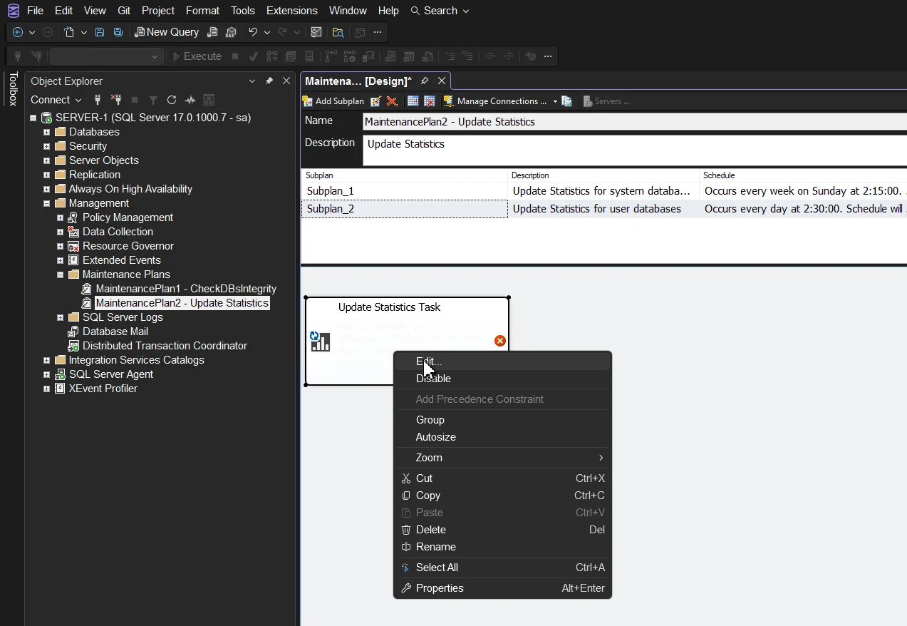 Выбор действия (задачи) из Панели элементов SSMS